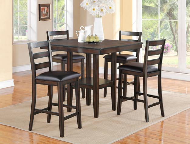 5-Piece Counter Height Dining Set with Dark Wood Finish and Cushioned Seats