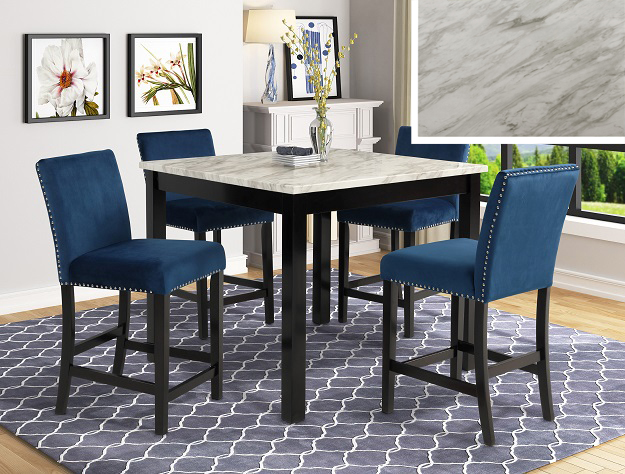 5-Piece Counter Height Dining Set with Marble-Style Top and Blue Chairs
