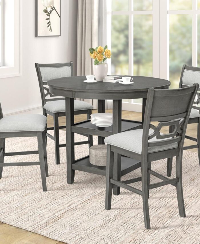 5-Piece Gray Counter Height Round Dining Set with Storage and 4 Chairs
