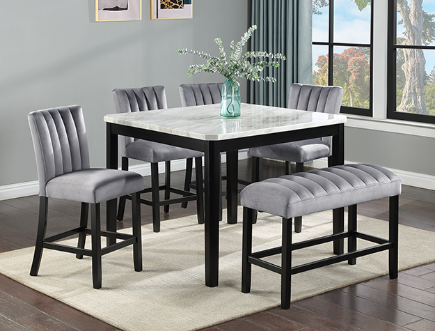 6-Piece Faux Marble Counter Height Dining Set with 4 Chairs and Bench