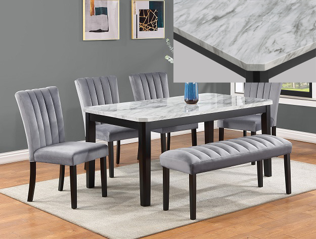 6-Piece Faux Marble Dining Table Set with Upholstered Chairs and Bench