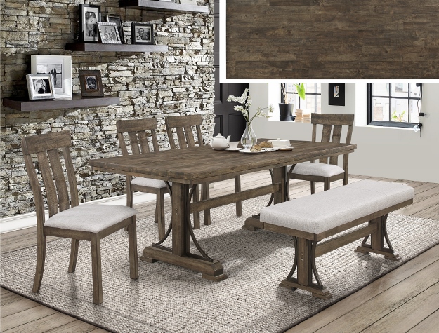 6-Piece Rustic Farmhouse Dining Set with Trestle Table, Chairs & Bench