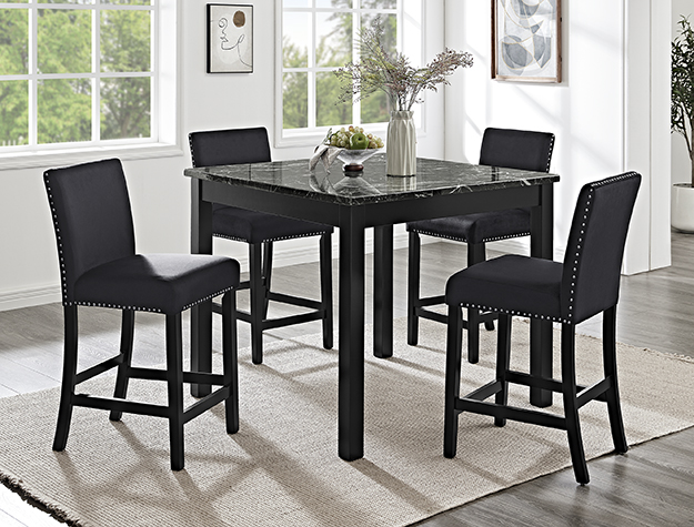 Black Counter-Height Dining Set with Faux Marble Table & Upholstered Chairs