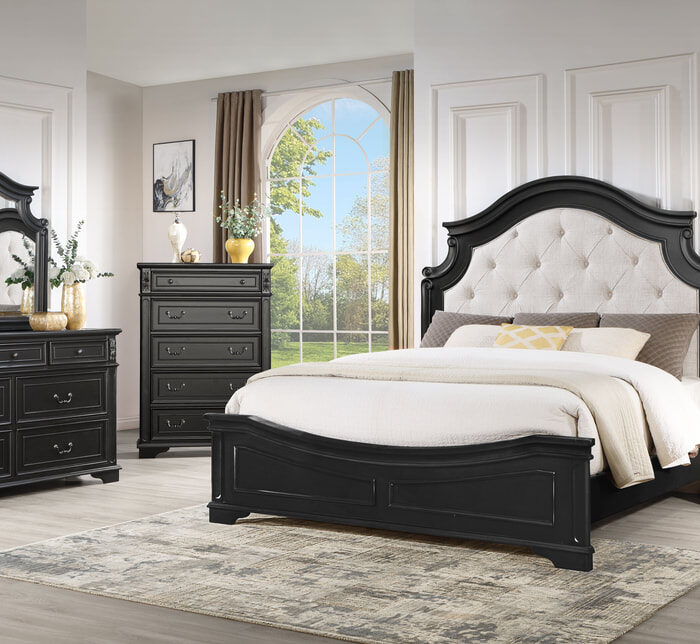 Classic Black Wood Bed with Tufted Upholstered Curved Headboard