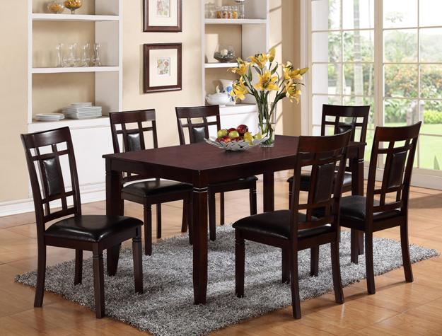 Classic Dark Wood Rectangular Dining Set with 6 Ladder-Back Upholstered Chairs