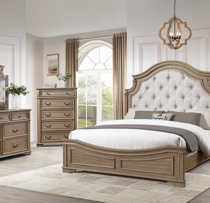 Classic Light Wood Bed with Curved Tufted Upholstered Headboard