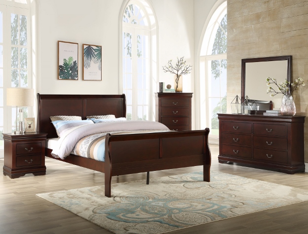 Classic Sleigh Bed in Rich Dark Wood Finish with Elegant Curved Design