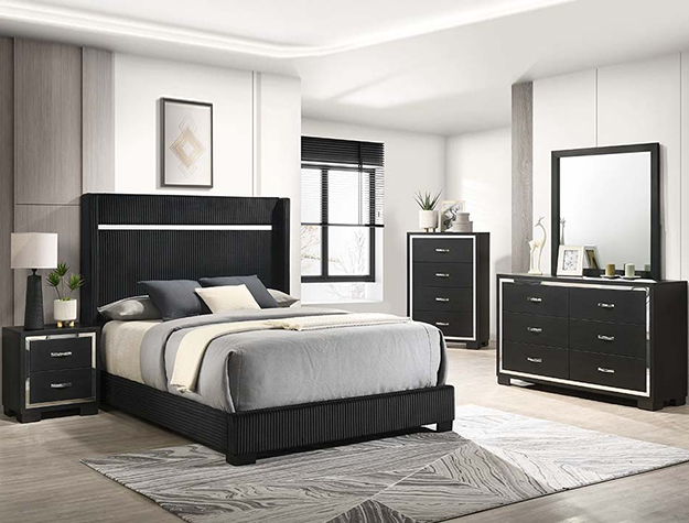 Contemporary Black Bed with Upholstered Headboard and Modern Metallic Accent