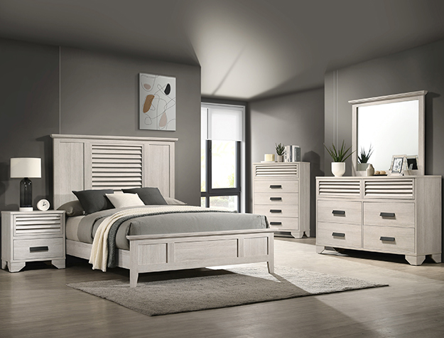 Contemporary White-Wash Bed with Slatted Headboard and Modern Frame