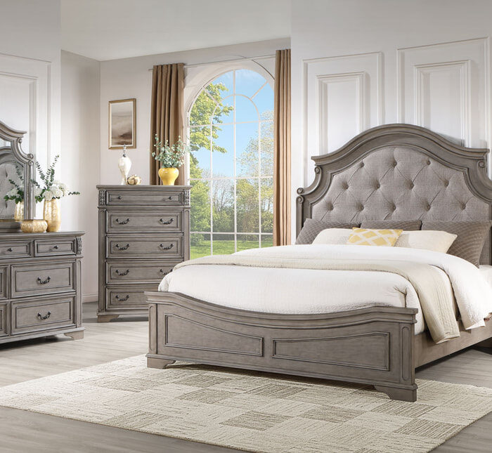 Elegant Gray Wood Bed with Tufted Upholstered Curved Headboard
