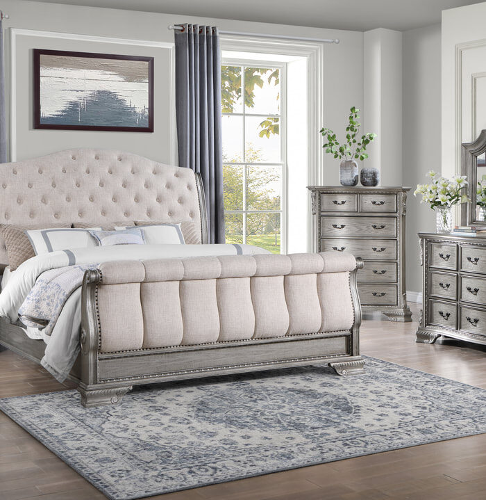 Elegant Tufted Upholstered Sleigh Bed with Padded Headboard & Footboard