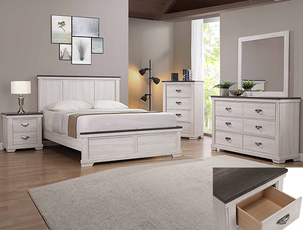 Elegant White-Wash Wooden Bed with Dark Accents and Paneled Headboard