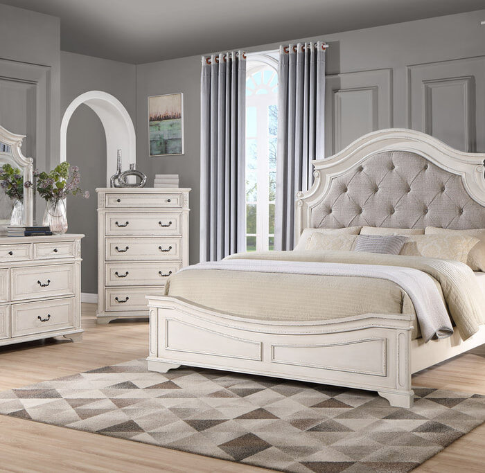 Elegant White Wood Bed with Curved Tufted Upholstered Headboard