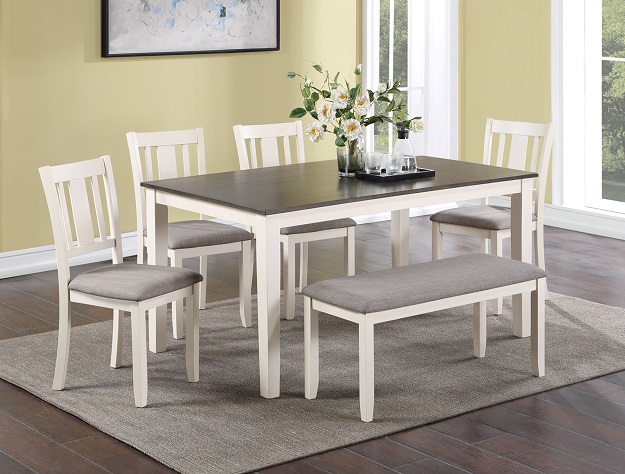 Farmhouse Two-Tone Dining Set with Rectangular Table, 4 Chairs & Bench
