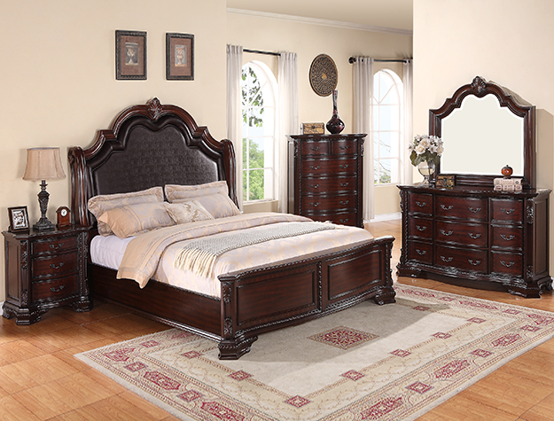 Grand Traditional Dark Wood Bed with Ornate Carved Arched Headboard