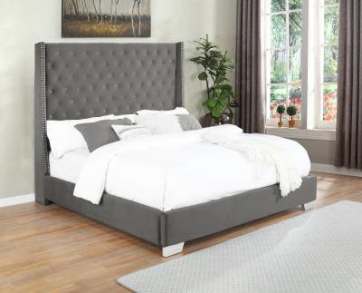 Gray Upholstered Bed with Tall Tufted Wingback Headboard