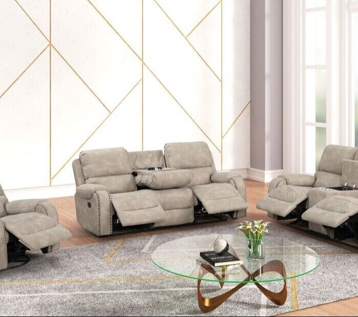 Light Beige Reclining Sofa and Loveseat Set with Cup Holders
