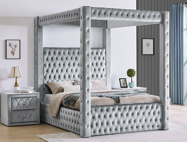 Light Gray Upholstered Canopy Bed with Tufted Frame and Headboard