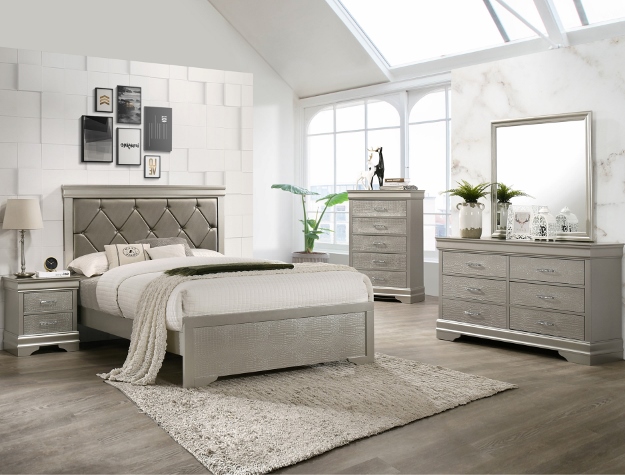 Luxurious Silver Tufted Bed with Faux Leather Headboard and Modern Frame