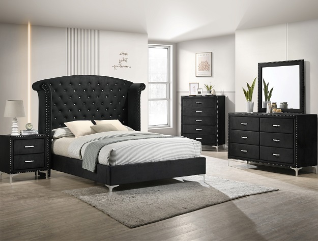 Luxury Black Bed with Wingback Tufted Upholstered Headboard and Sleek Frame