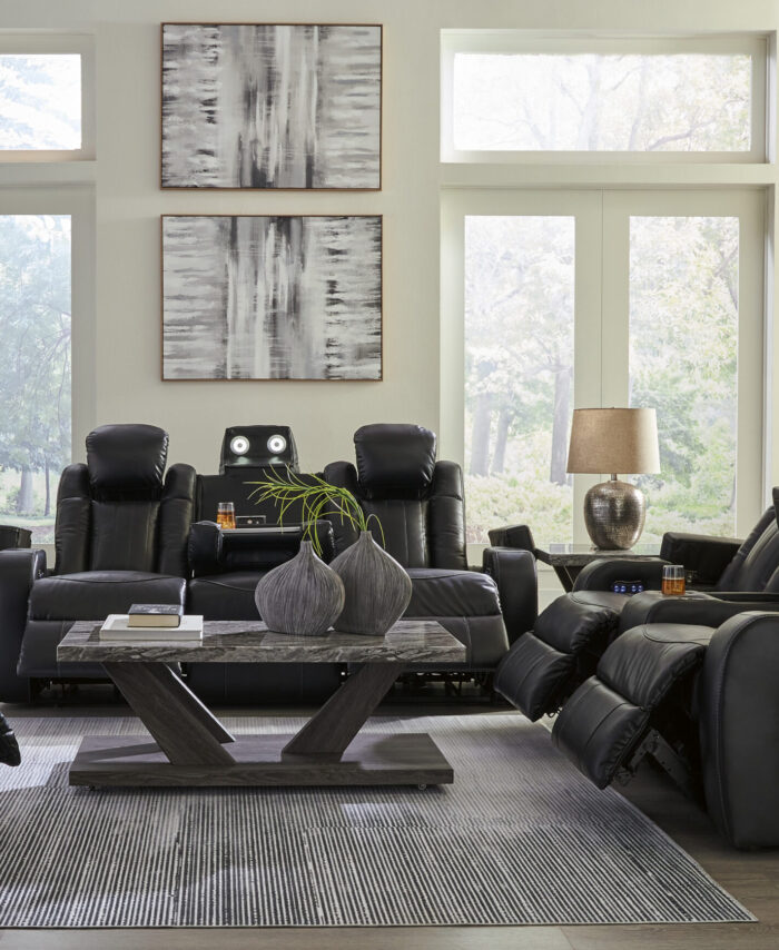 Luxury Black Power Reclining Sofa Set with Adjustable Headrests & Cup Holders