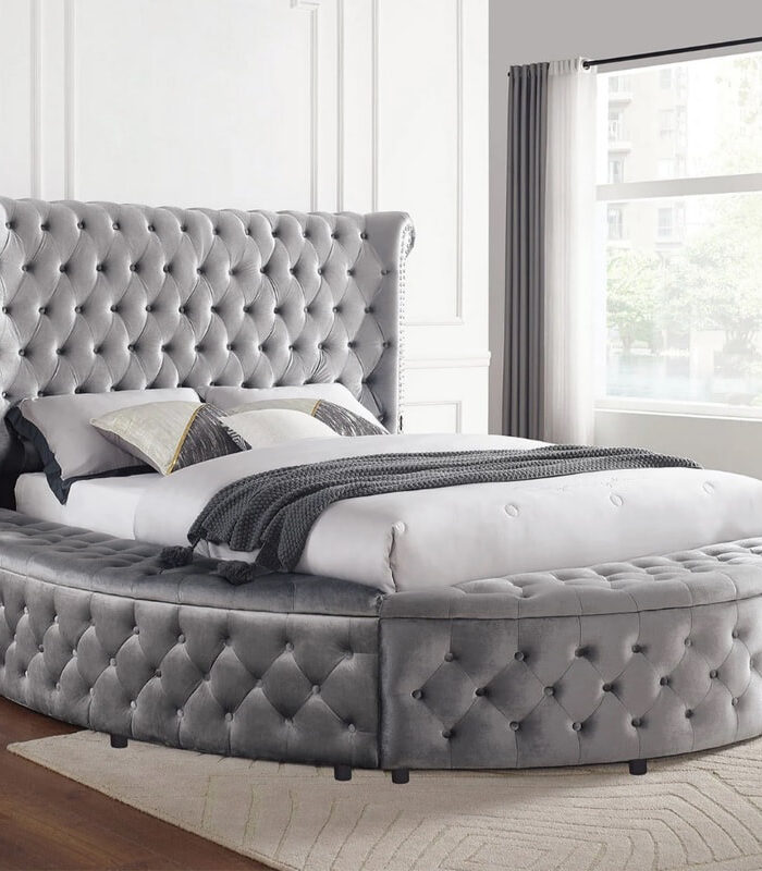 Luxury Gray Velvet Round Bed with Tufted Wingback Headboard