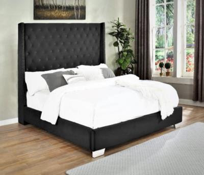 Modern Black Upholstered Bed with Tall Tufted Wingback Headboard