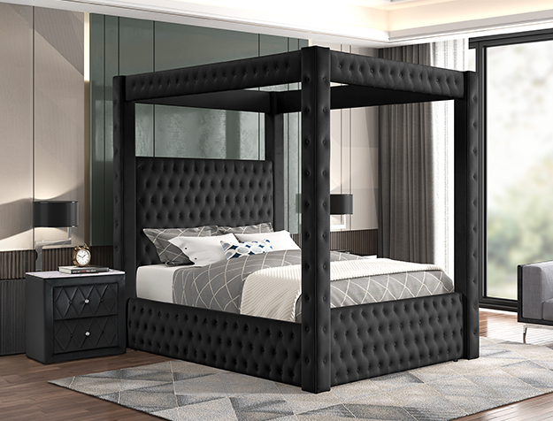 Modern Black Upholstered Canopy Bed with Tufted Headboard and Frame