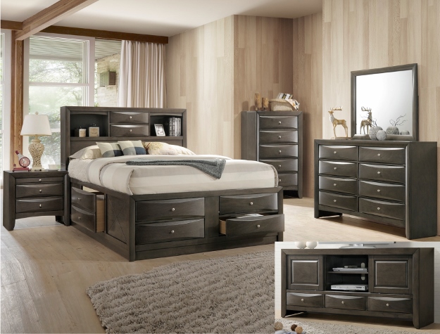 Modern Dark Wood Storage Bed with Bookcase Headboard and Drawer Base