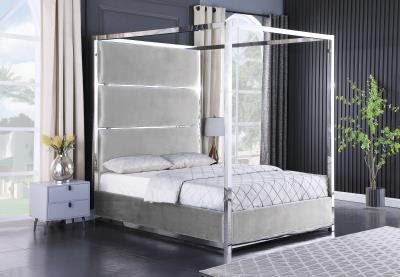 Modern Silver Canopy Bed with Tall Upholstered Headboard