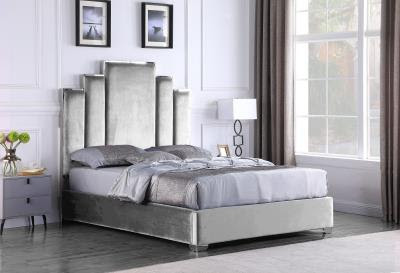 Modern Silver Upholstered Bed with Geometric Tall Panel Headboard