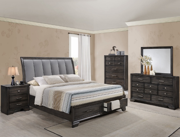 Modern Storage Bed with Gray Upholstered Headboard and Drawer Base