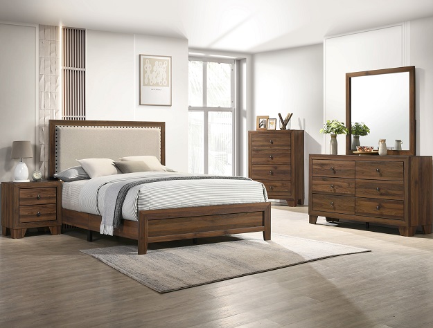 Modern Walnut Upholstered Bed with Nailhead Trim and Sturdy Wooden Frame