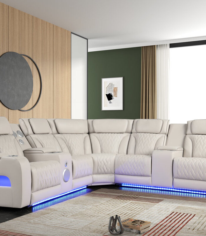 Modern White Reclining Sectional Sofa with LED Lighting & Cup Holders