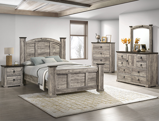 Rustic Gray Farmhouse Bed with Arched Headboard and Sturdy Paneled Frame