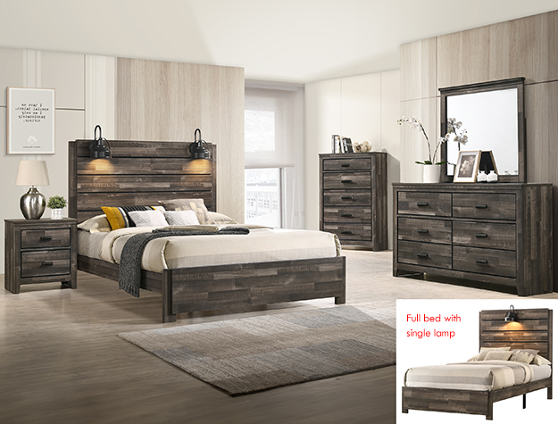 Rustic Wood Bed with Built-In Headboard Lamps and Sturdy Modern Frame