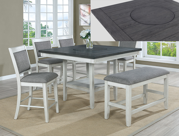 Two-Tone Counter Height Dining Set with Square Table, 4 Chairs & Bench