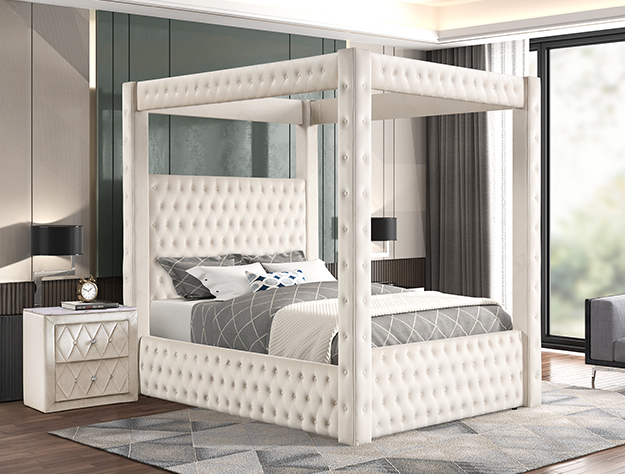 White Upholstered Canopy Bed with Tufted Frame and Elegant Headboard